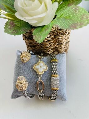 Women's Two-Tone Gold & Silver Bracelet Set with Mother-of-Pearl Clover Charm